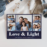 Kärlek och ljus| Hanukkah Blue Rustic Photo Grid Julkort<br><div class="desc">Det här enkla och roliga flerfoto-Hanukkah-kortet säger "Kärlek & Light" i vit, modern typografi på en blå träbakgrund med ett fem foto på kortets framsida. Baksidan innehåller ytterligare två foton, plus en punkt för att lägga till ditt eget personliga meddelande. Ett söt och snyggt sätt att fira skapar till julhelgen...</div>