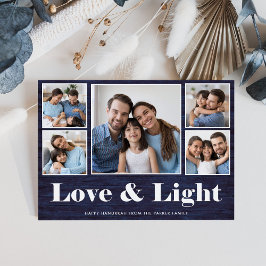 Kärlek och ljus| Hanukkah Blue Rustic Photo Grid Julkort