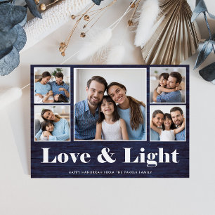 Kärlek och ljus  Hanukkah Blue Rustic Photo Grid Julkort