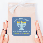 "Kärlek och ljus" judisk åtta natten i Hanukkah Fyrkantigt Klistermärke<br><div class="desc">glädjen i Hanukkah med de här "Kärlek och ljusa alla åtta nattarna"-klistermärkena! Med en blå serenbakgrund, en lysande menorah-illustration och anpassadets namn-text, är dessa idealiska för Hanukkah-sammankomster och för fram värme och mening till festivalen i Ljus, skapar varje kväll lite speciellare. Anpassa dem så att du får en tankefull kontakt...</div>