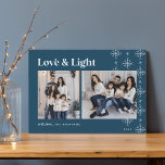 Kärlek och ljus | Modern Snöflingor Hanukkah Julkort<br><div class="desc">En modern och festlig design för dina semesterhälsningar med två foton som är placerade sida vid sida,  på en vinterblå bakgrund som följer med snöflingor längs högerna. "Kärlek & Light" visas överst i textbrev,  med din familj namn och året längs grund. Ett modernt och ögonlockande helgdag-kort för Hanukkah 2021.</div>