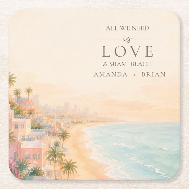 Kärlek och Miami Beach Destination Bröllop Coaster Underlägg Papper Kvadrat (Framsidan)