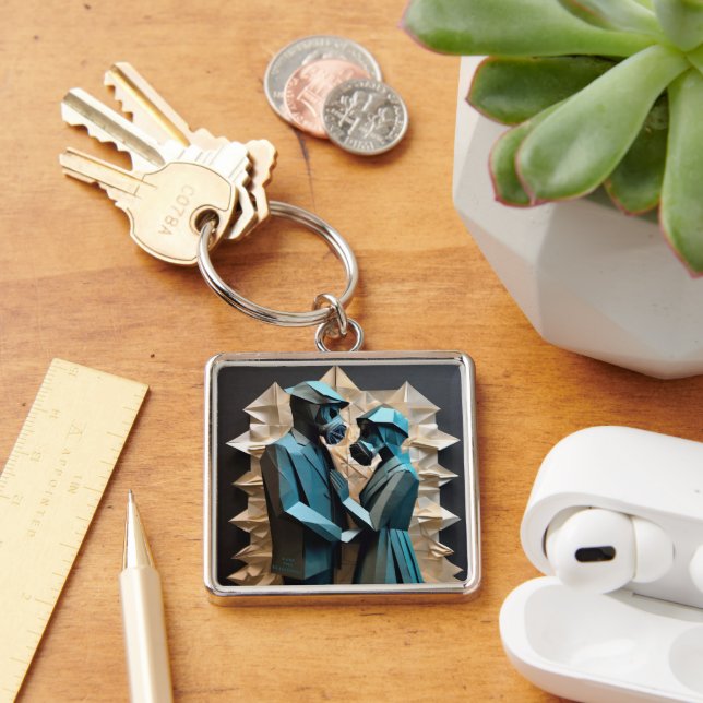 KÄRLEK OCH RESISTANS Origami 3 Premium Metall Fyrkantig Silverfärgad Nyckelring (Skrivbord)