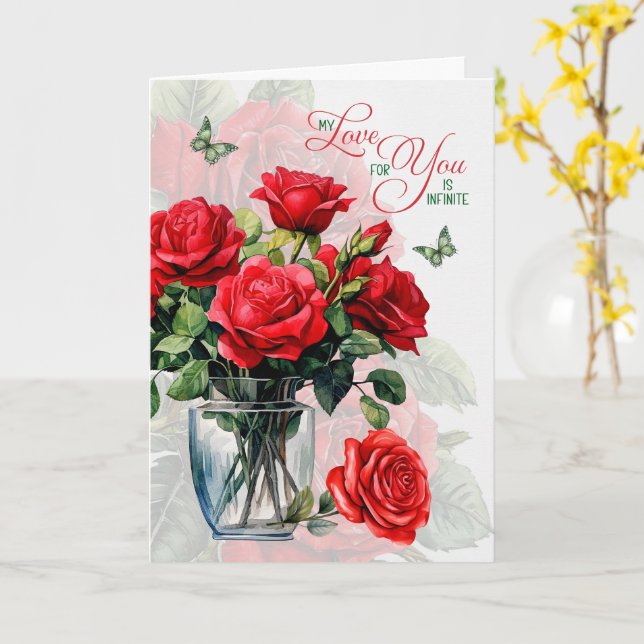 Kärlek och romantik Vas med röda rosor och fjäril Kort (Gul blomma)