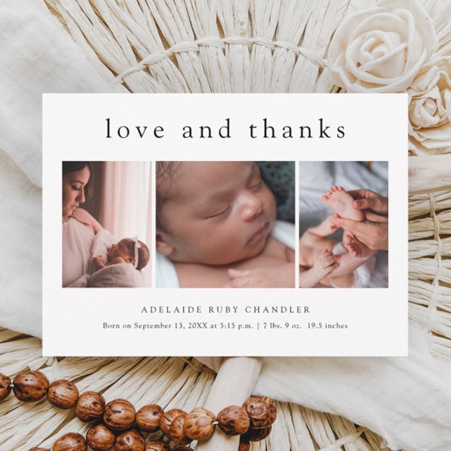 Kärlek och tack 3 Foto Ny Bebis Tacksamhetskort Flygblad (Simple love and thanks 3 photo budget baby thank you card birth announcement.)