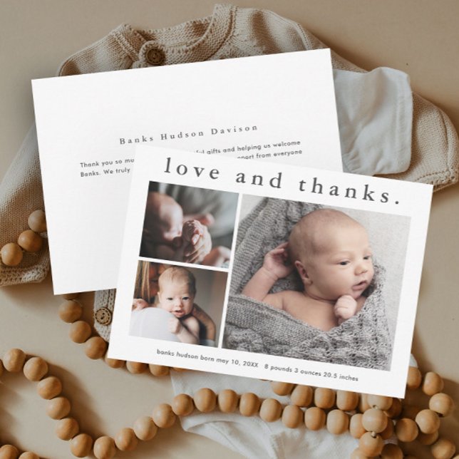 Kärlek och tack 3, fotopatecken Baby tackkort Inbjudningar (Simple Typography Love and Thanks 3 Photo Collage Baby Announcement Thank You Card.)