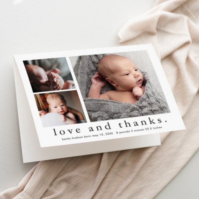 Kärlek och tack 3 Photo Collage Baby Kort (Simple black and white love and thanks 3 photo collage baby thank you card birth announcement.)