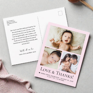 Kärlek och tack Baby Foto Födelse meddelande rosa Vykort
