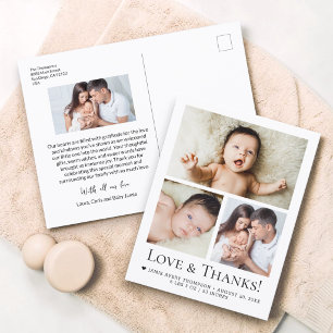 Kärlek och tack Baby Foto Födelse meddelande Vykort