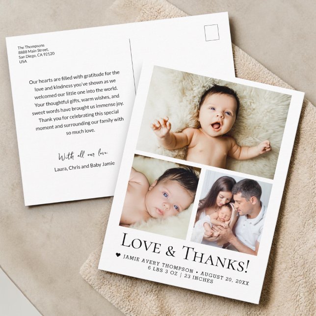 Kärlek och tack Baby Foto Födelse meddelande Vykort (Beautiful, modern 3 photo collage Love and thanks, heart baby shower postcard.)
