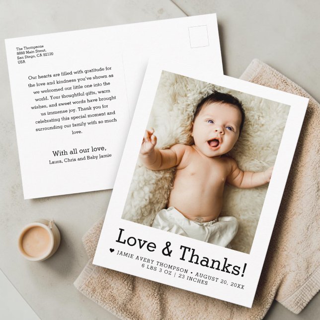 Kärlek och tack Baby Foto Födelseannons Vykort (Typewriter style typography Love & Thanks baby announcement thank you postcards)