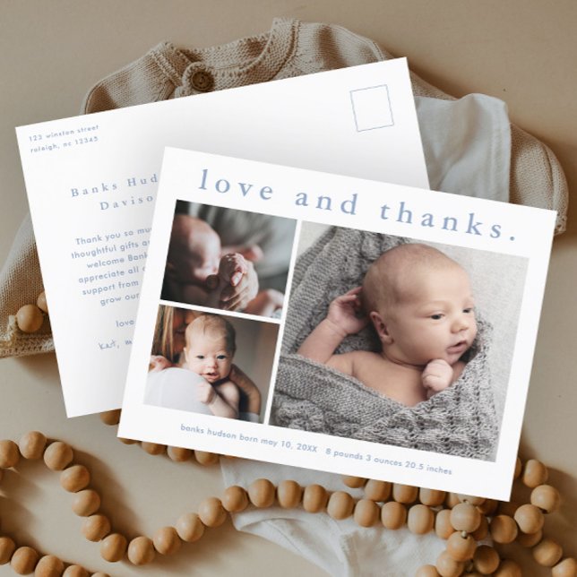 Kärlek och tack Baby Foto Födelseannons Vykort (Simple typography 3 photo collage birth announcement baby thank you postcard.)