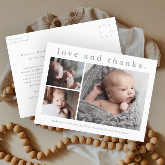 Kärlek och tack Baby Foto Födelseannons Vykort (Simple typography 3 photo collage birth announcement baby thank you postcard.)