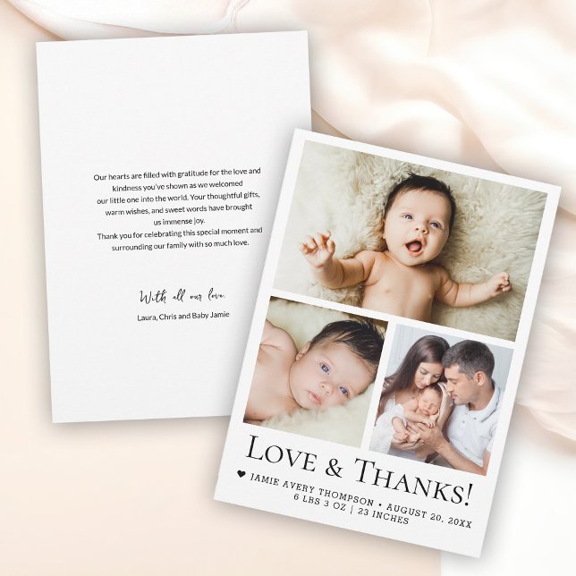 Kärlek och tack Baby Photo Birth-meddelandet (Custom photo collage baby birth announcement love and thanks cards.)