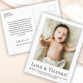 Kärlek och tack Baby Photo Birth-meddelandet Vykort