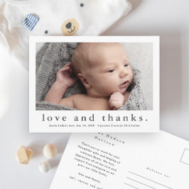 Kärlek och tack Baby Photo Birth Notice Vykort