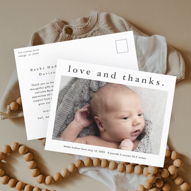 Kärlek och tack Baby Photo Birth Notice Vykort (Simple Photo Baby Thank You Postcard and Birth Announcement.)