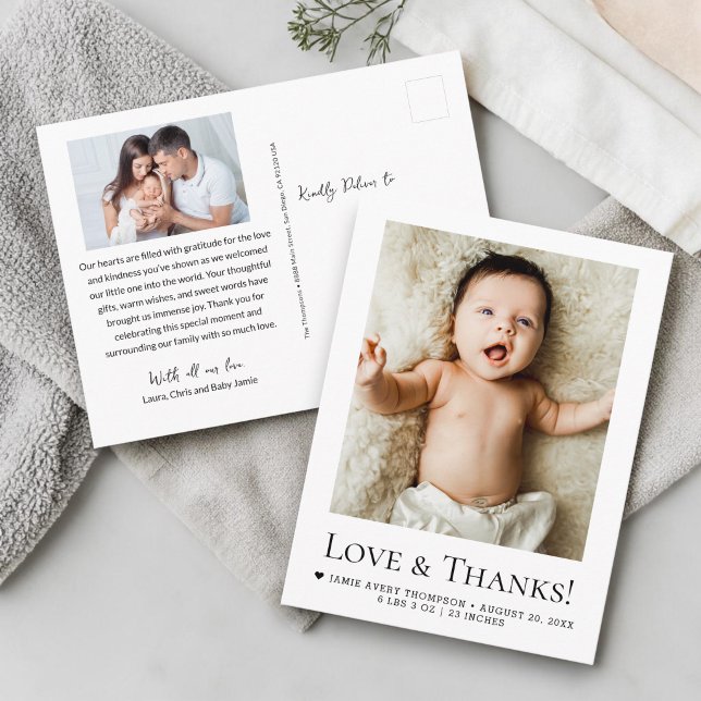 Kärlek och tack Babybilder Födelsetal Vykort (Editable text and photos Custom baby shower, thank you Love and Thanks birth announcement card.)