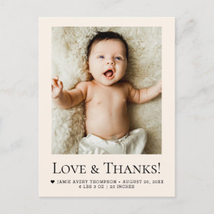 Kärlek och tack Beige Baby Foto Födelse Vykort