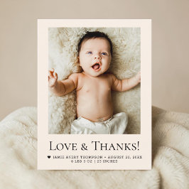 Kärlek och tack Beige Baby Foto Födelse Vykort