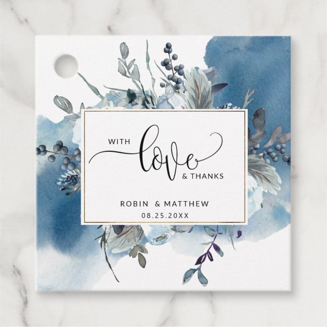 Kärlek och tack, blå vattenfärg och Blommigt Gåvor Etiketter (Framsida)
