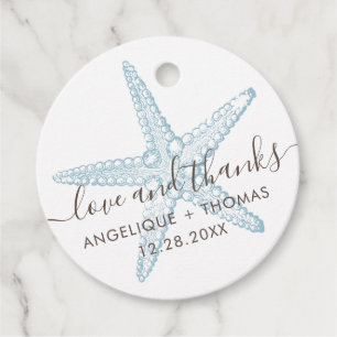 Kärlek och tack Blue Starfish Beach Wedding Gåvor Etiketter