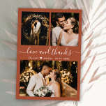 Kärlek och tack Bröllop<br><div class="desc">Elegant, Modern Terracotta Hand lät dig tacka dig för fotopatset i Bröllop. Snyggt bröllop tackar dig för att du har en kortmall med tre foto på framsidan och ett foto på baksidan. Med texten "Kärlek och tack" i ett snabbt skrivet typsnitt för typografi på jordklotet terracotta, brinner orangens bakgrund av...</div>