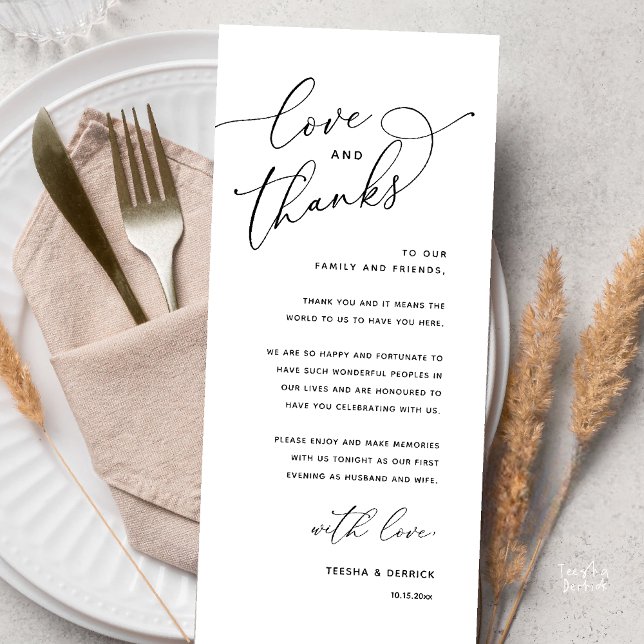 Kärlek och tack, bröllopsmiddag tackkort program (Love and Thanks, Wedding Romantic Reception Thank You Card in Black and White)