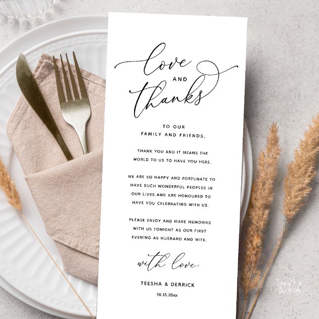 Kärlek och tack, bröllopsmiddag tackkort program (Love and Thanks, Wedding Romantic Reception Thank You Card in Black and White)