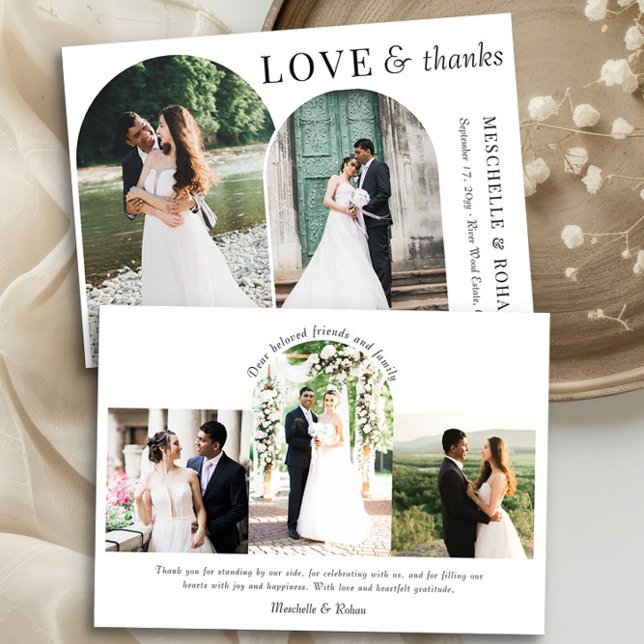 Kärlek och tack Elegant Arches Bröllop Photo (Wedding photo thank you card with arch shaped pictures by Darling & May)