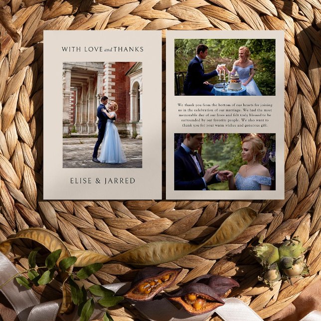 Kärlek och tack för 3x Bröllop Photo Elegant Kort (Wedding Photo thank you cards from Rustic Floral Brown Neutral Wedding Collection by Darling & May)