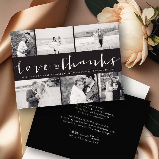 Kärlek och tack för Modern Script 6 Photo Bröllop Kort (Love And Thanks Modern Classic Script 6 Photo Collage Wedding Thank You Card @ fatfatin_blue_knot)