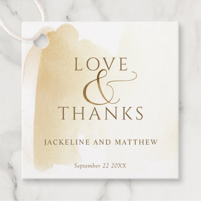 Kärlek och tack, Guld Gult vattenfärg Gåvor Etiketter (Framsida)