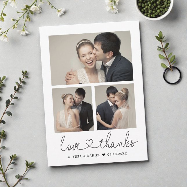 Kärlek och tack Hjärtskrift Anpassade bröllopsfoto Kort (Minimalist love and thanks heart script unique wedding photo collage thank you card template.)