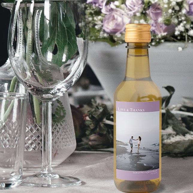 Kärlek och tack Lavender Simple Bröllop Photo Mini Vinetikett (Skapare uppladdad)