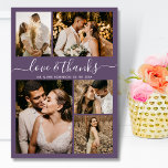 Kärlek och tack Lila 5 Photo Bröllop<br><div class="desc">Elegant, minimalistiskt skript Dusty Lila 5 Photo Collage Bröllop - tackkort. Modern bröllop tackar dig för att du har en kortmall med fem (5) foto på framsidan och ett (1) foto på baksidan. Med texten "Kärlek och tack" i ett snabbt skrivet typsnitt för typografi i vitt på mogen eller dammig...</div>