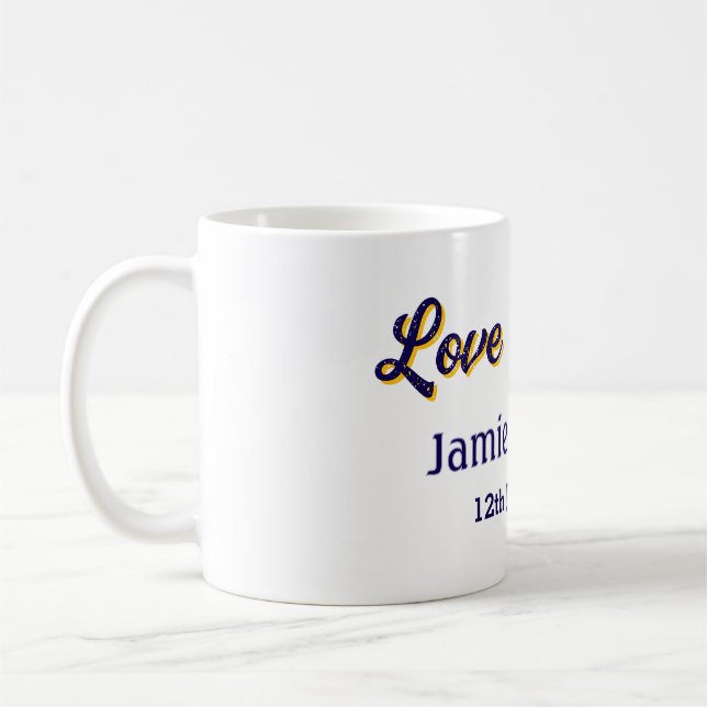 Kärlek och tack lila orange ett par namn datum kaffemugg (Vänster)