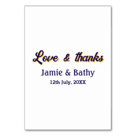 Kärlek och tack lila orange par namn datum bordsnummer