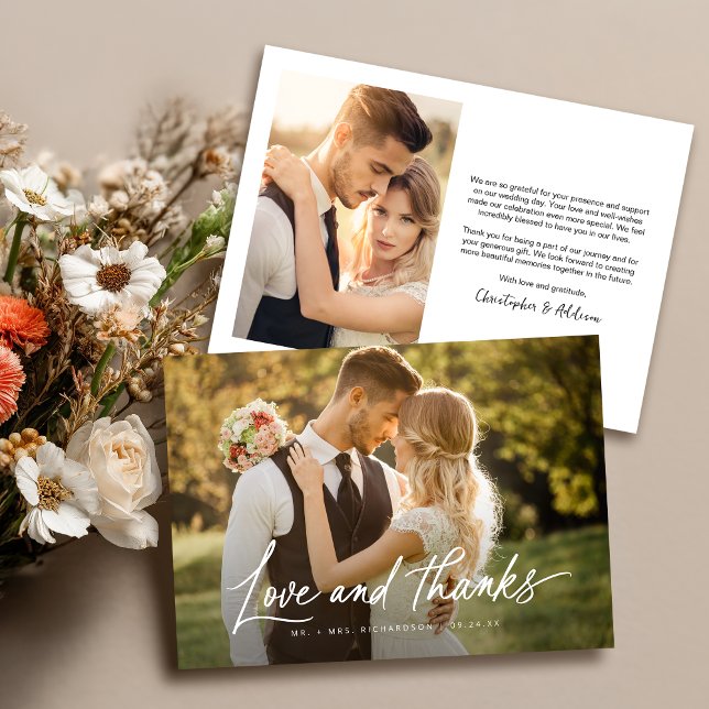 Kärlek och tack Modern Minimalist 2 Photo Bröllop Kort (Front and Back on a 5" x 7" card)
