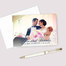 Kärlek och tack Navy Blue Bröllopsfoto Kort