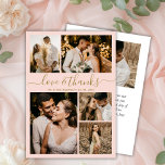 Kärlek och tack  Photo Collage Bröllop<br><div class="desc">Elegant, minimalistiskt skript Guld och Bröllop 5-fotokollage - tack för dina kort. Modern bröllop tackar dig för att du har en kortmall med fem (5) foto på framsidan och ett (1) foto på baksidan. Med texten "Kärlek och tack" i ett snabbt skript med text i guld på ljusa rosor. Lägg...</div>