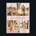 Kärlek och tack Photo Collage Bröllop Tack Vykort<br><div class="desc">Elegant, modern, minimalistisk rosa och guld handskriven 4 fotokollage personlig bröllop tack för vykortet. Snyggt bröllop tackar dig för att du har en kortmall med fyra (4) foto på framsidan och ett (1) foto på baksidan. Med texten "Kärlek och tack" i ett kursivt handskrivet skrivstift för typsnittsskriptet "swash-svan" i vitt...</div>