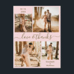 Kärlek och tack Photo Collage Bröllop Tack Vykort<br><div class="desc">Elegant, modern, minimalistisk rosa och guld handskriven 4 fotokollage personlig bröllop tack för vykortet. Snyggt bröllop tackar dig för att du har en kortmall med fyra (4) foto på framsidan och ett (1) foto på baksidan. Med texten "Kärlek och tack" i ett kursivt handskrivet skrivstift för typsnittsskriptet "swash-svan" i vitt...</div>