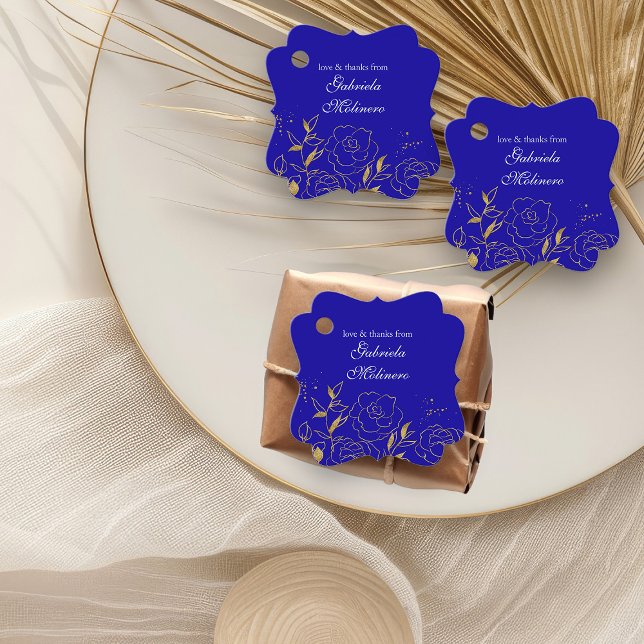 Kärlek och tack Royal Blue och Guld Blommigt Gåvor Etiketter (Favor Tags from my Elegant Gold Flowers Quinceanera Collection)