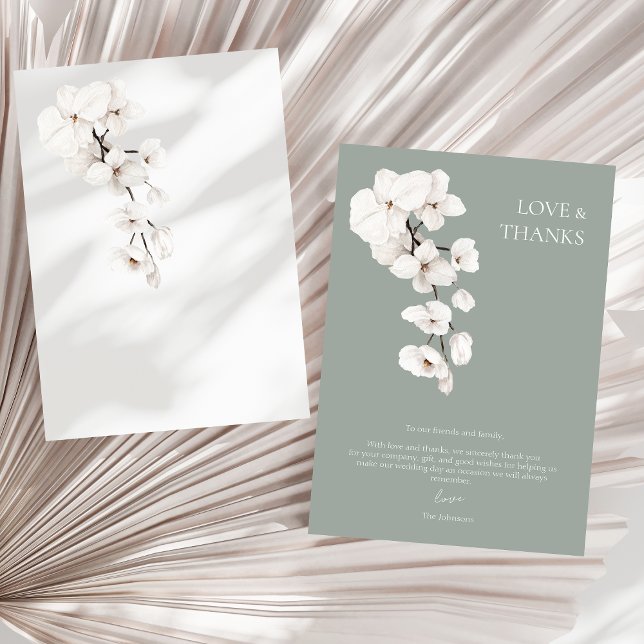 Kärlek och tack Sage Grönt White Orchids Bröllop Kort (Modern Sage Green White Orchids Wedding Love and Thanks Card)