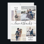 Kärlek och tack Script 4 Photo Collage Bröllop<br><div class="desc">Elegant, modernt, minimalistiskt svartvitt 4 fotokollage personlig bröllop tack vare ditt kort. Snyggt bröllop tackar dig för att du har en kortmall med fyra (4) foto på framsidan och ett (1) foto på baksidan. Med texten "Kärlek och tack" i ett kursivt handskrivet typsnitt swash-svan i svart färg på vit bakgrund....</div>