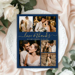 Kärlek och tack Skriptmarflottan Photo Collage Brö<br><div class="desc">Elegant Script Guld och Bröllop Photo Collage Tack du Cards. Modern, minimal tack för bröllop-kortet med fem (5) foto på framsidan och ett (1) foto på baksidan. Med texten "Kärlek och tack" i ett vackert handskriftsteckensnitt i guld på marin blå bakgrund. Anpassa ditt namn, dina foton och tack för meddelandet....</div>