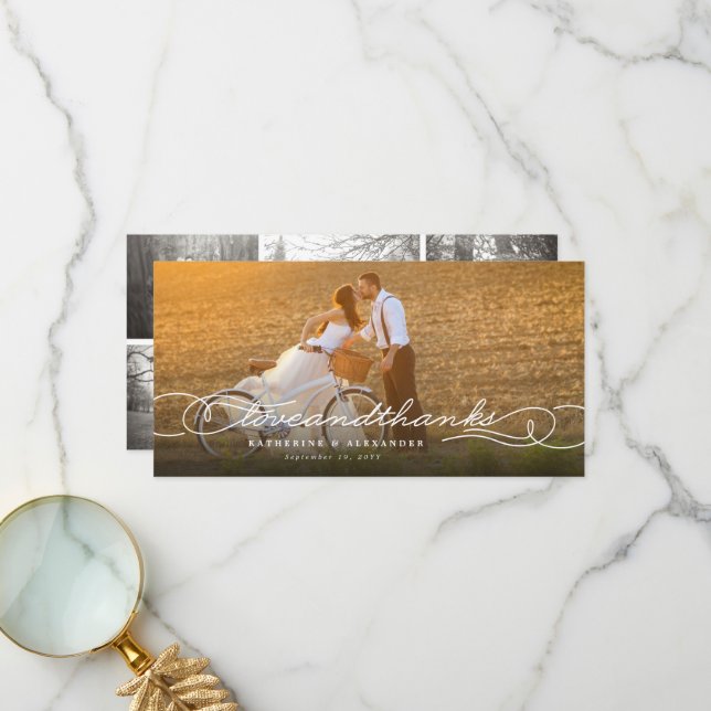 Kärlek och tack Snyggt Script Multi Photo Bröllop Kort (Fram/Back In Situ)
