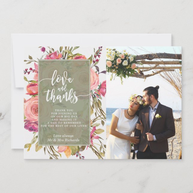 kärlek och tack vare rosa-blommigtar med fotokort kort (Framsida)