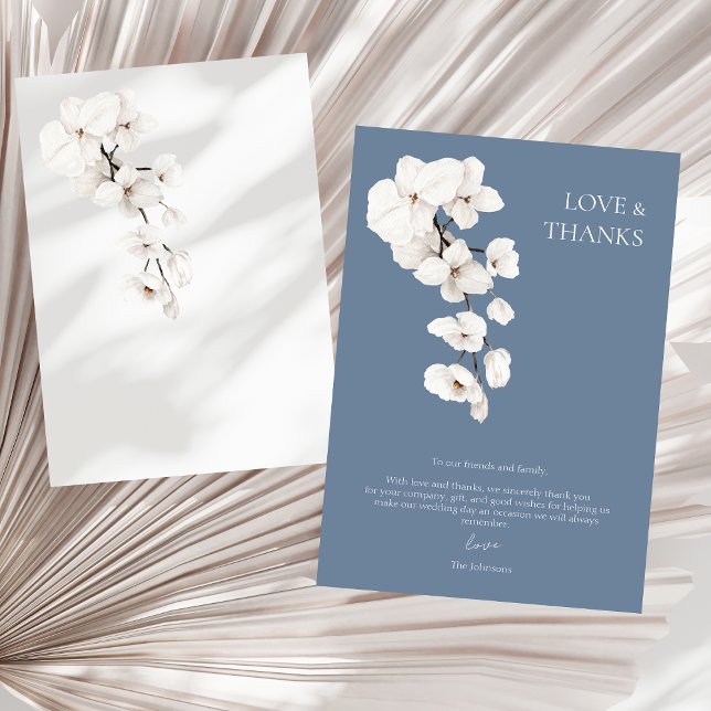 Kärlek och Tacksamhet Dusty Blue Vita Orkidéer Brö Tack Kort (Love and Thanks Dusty Blue White Orchids Wedding Thank You Card)